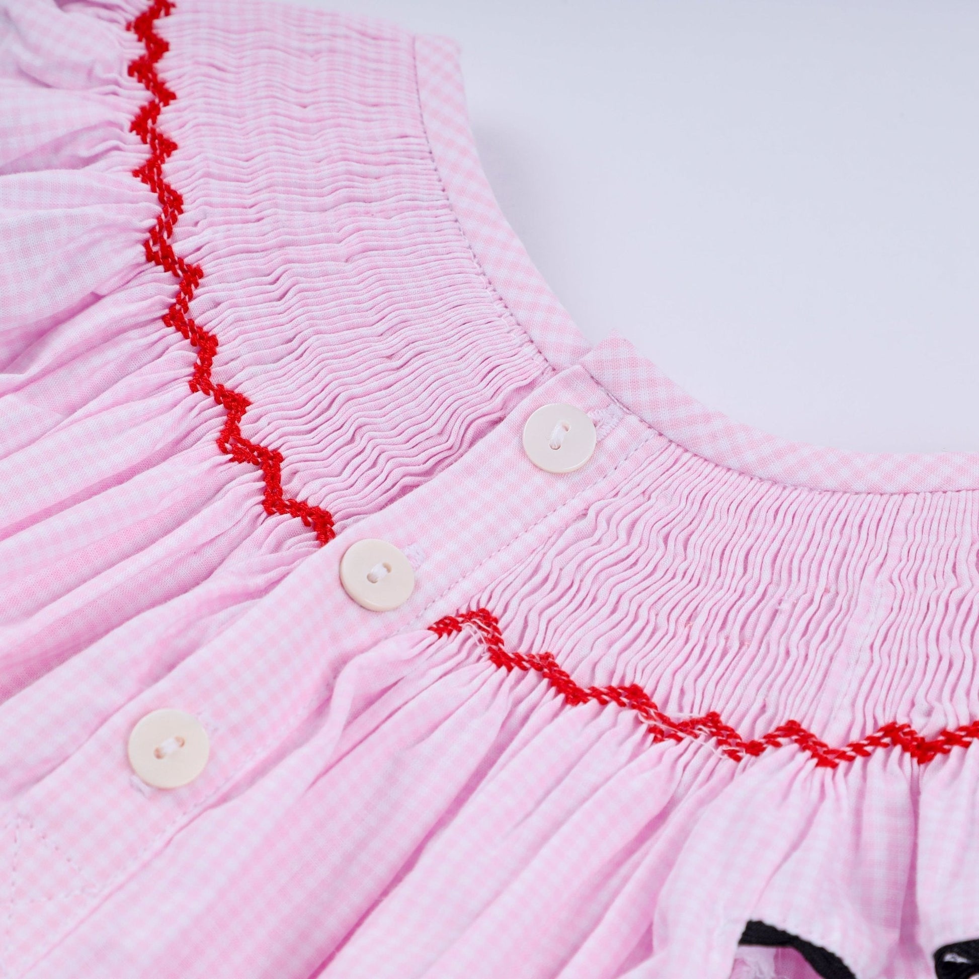 Red character hand smocked plaid ruffle bubble - Abbies Place