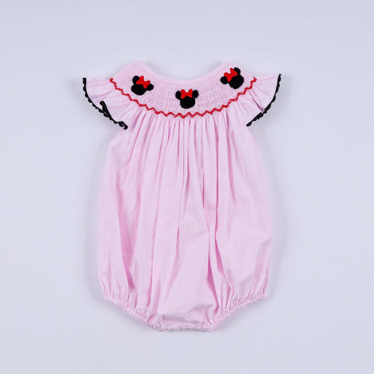 Red character hand smocked plaid ruffle bubble - Abbies Place