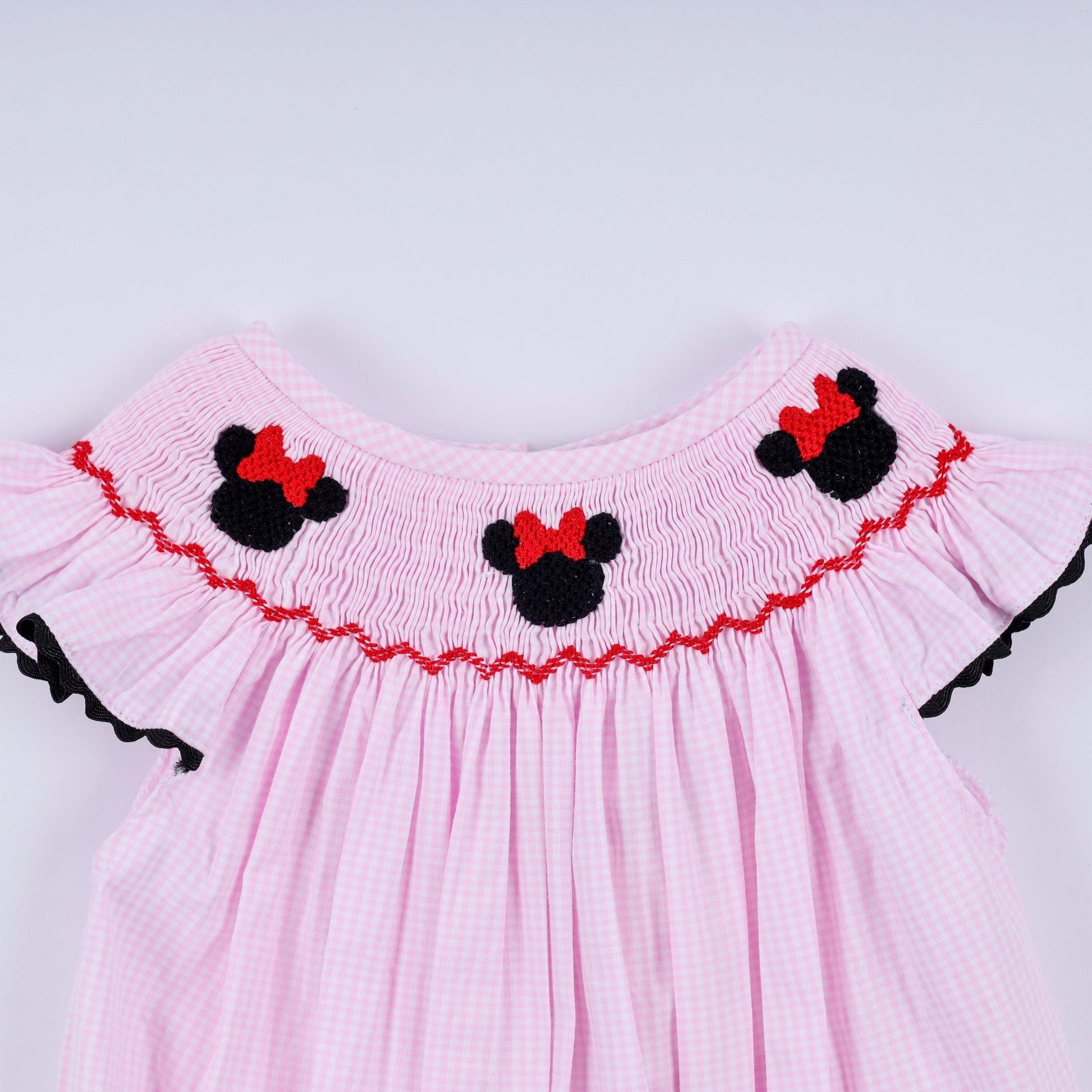 Red character hand smocked plaid ruffle bubble - Abbies Place