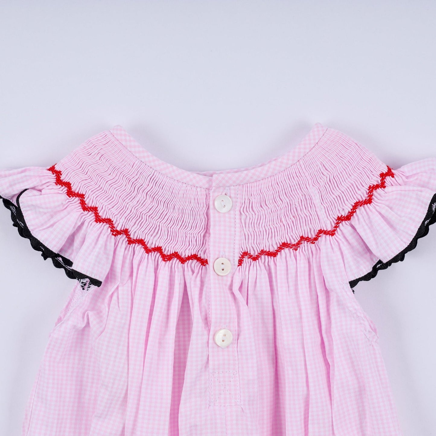 Red character hand smocked plaid ruffle bubble - Abbies Place