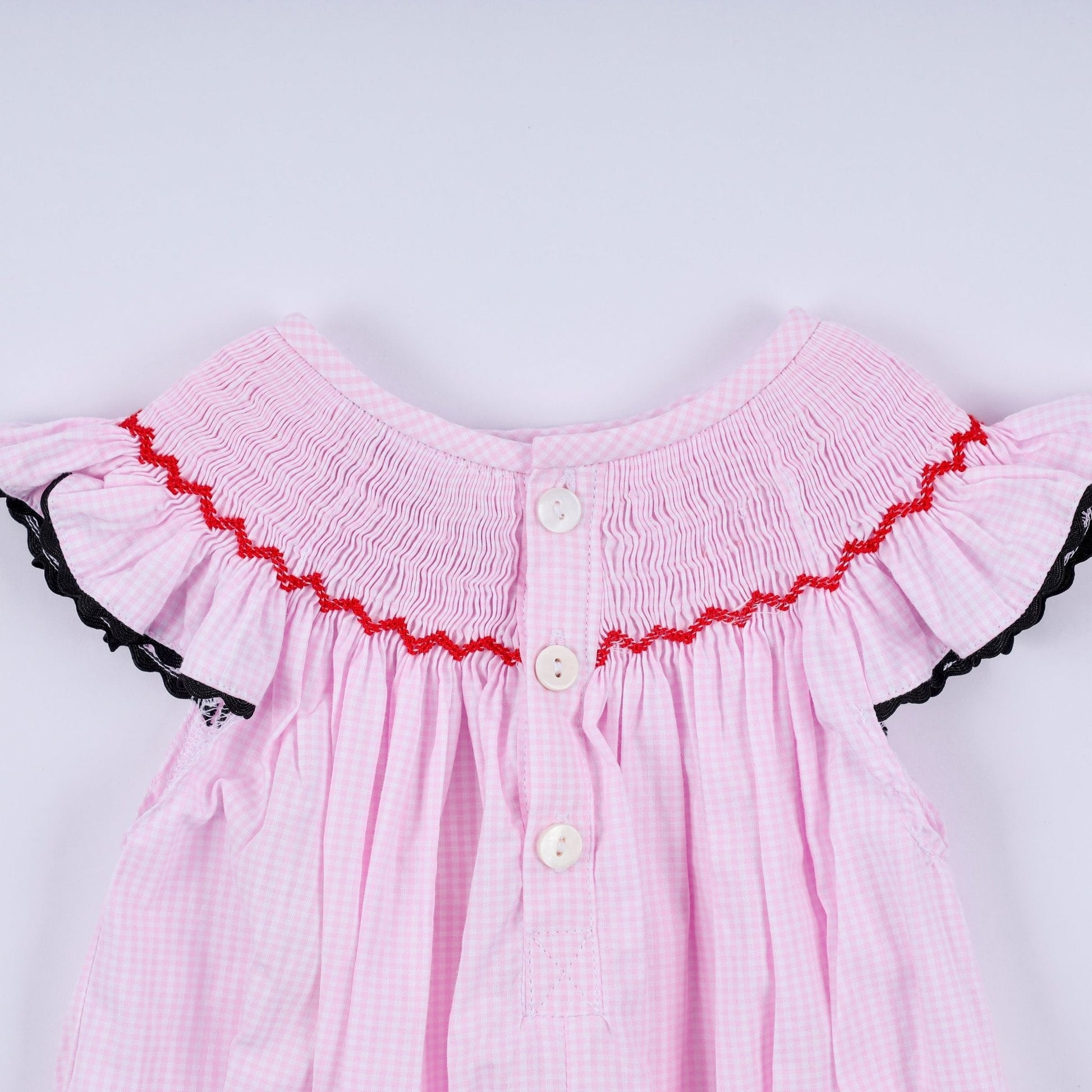 Red character hand smocked plaid ruffle bubble - Abbies Place