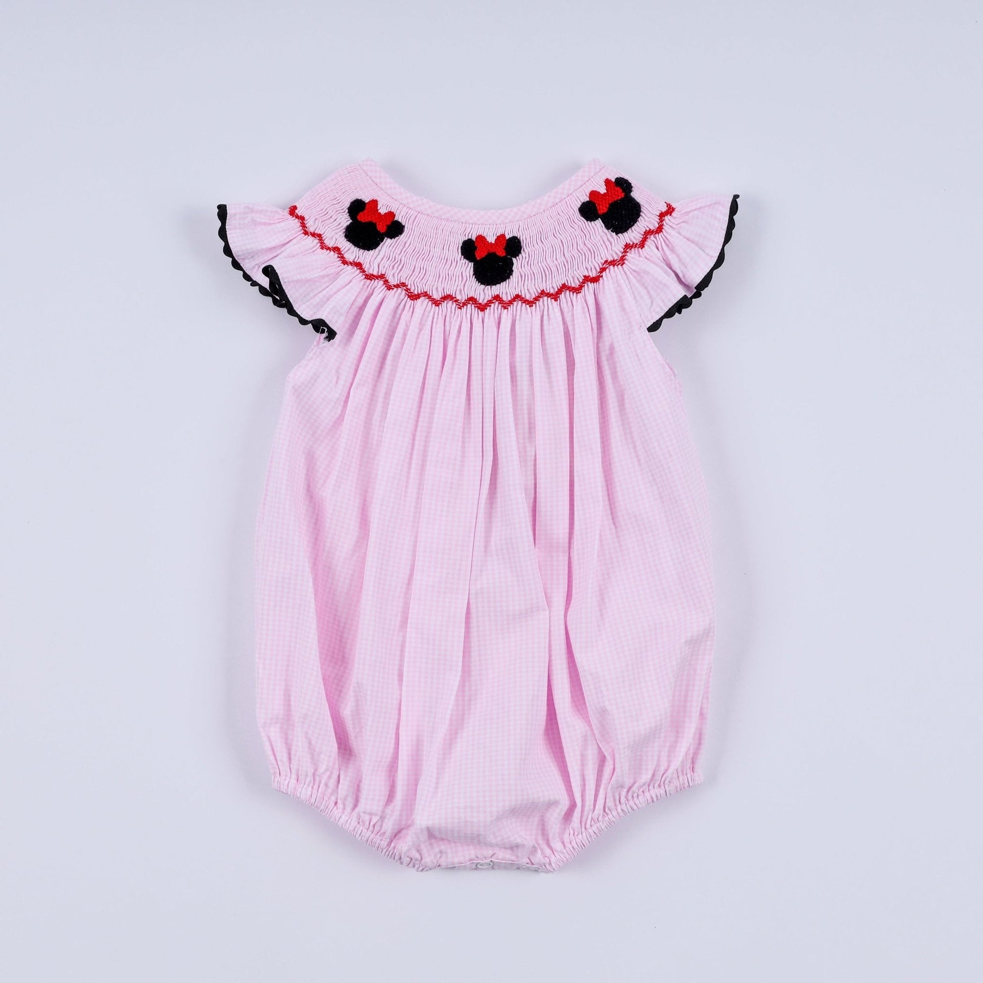 Red character hand smocked plaid ruffle bubble - Abbies Place