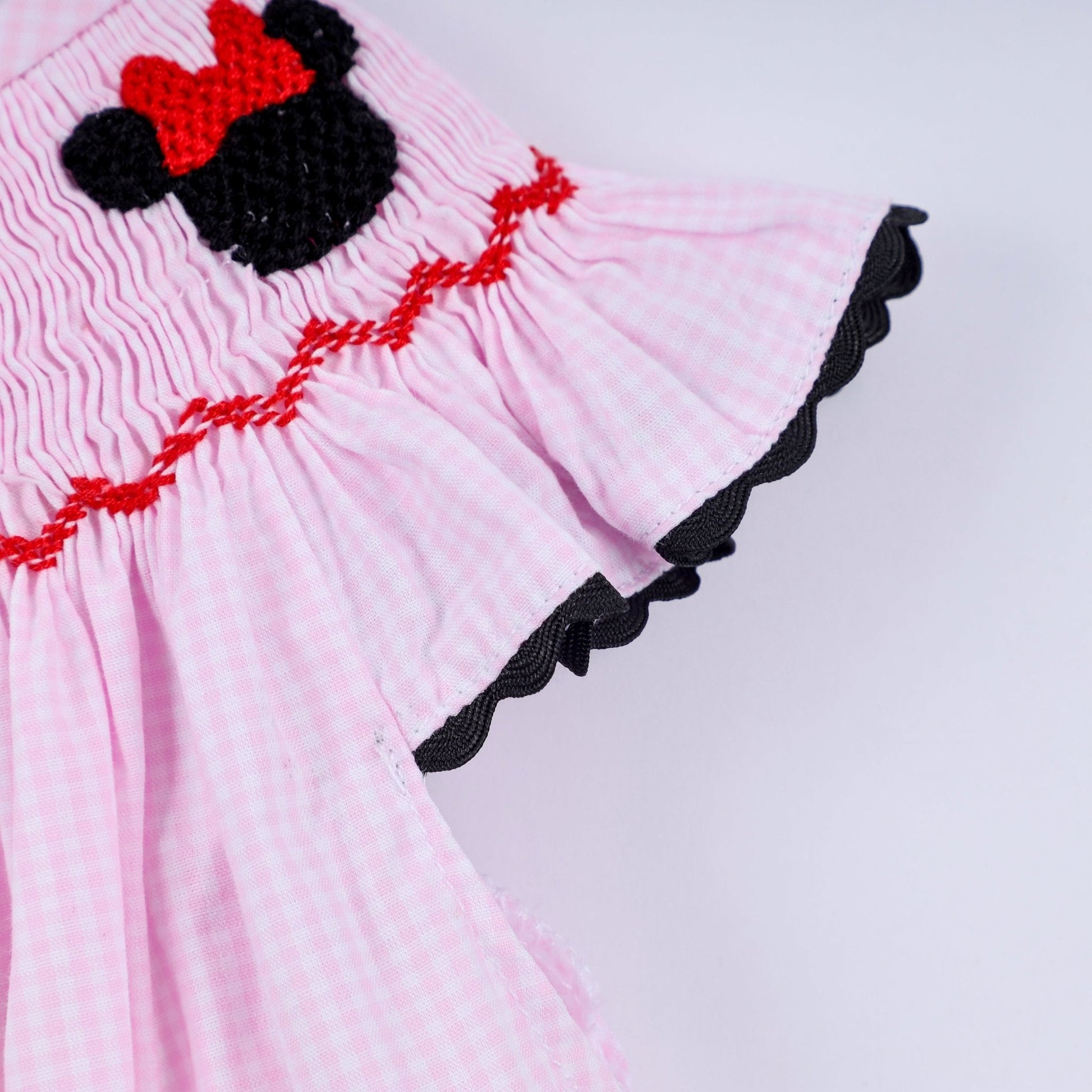 Red character hand smocked plaid ruffle bubble - Abbies Place
