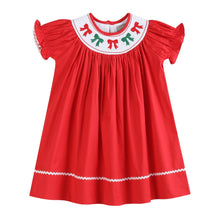 Load image into Gallery viewer, Red Christmas Bows Smocked Bishop Dress
