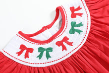 Load image into Gallery viewer, Red Christmas Bows Smocked Bishop Dress
