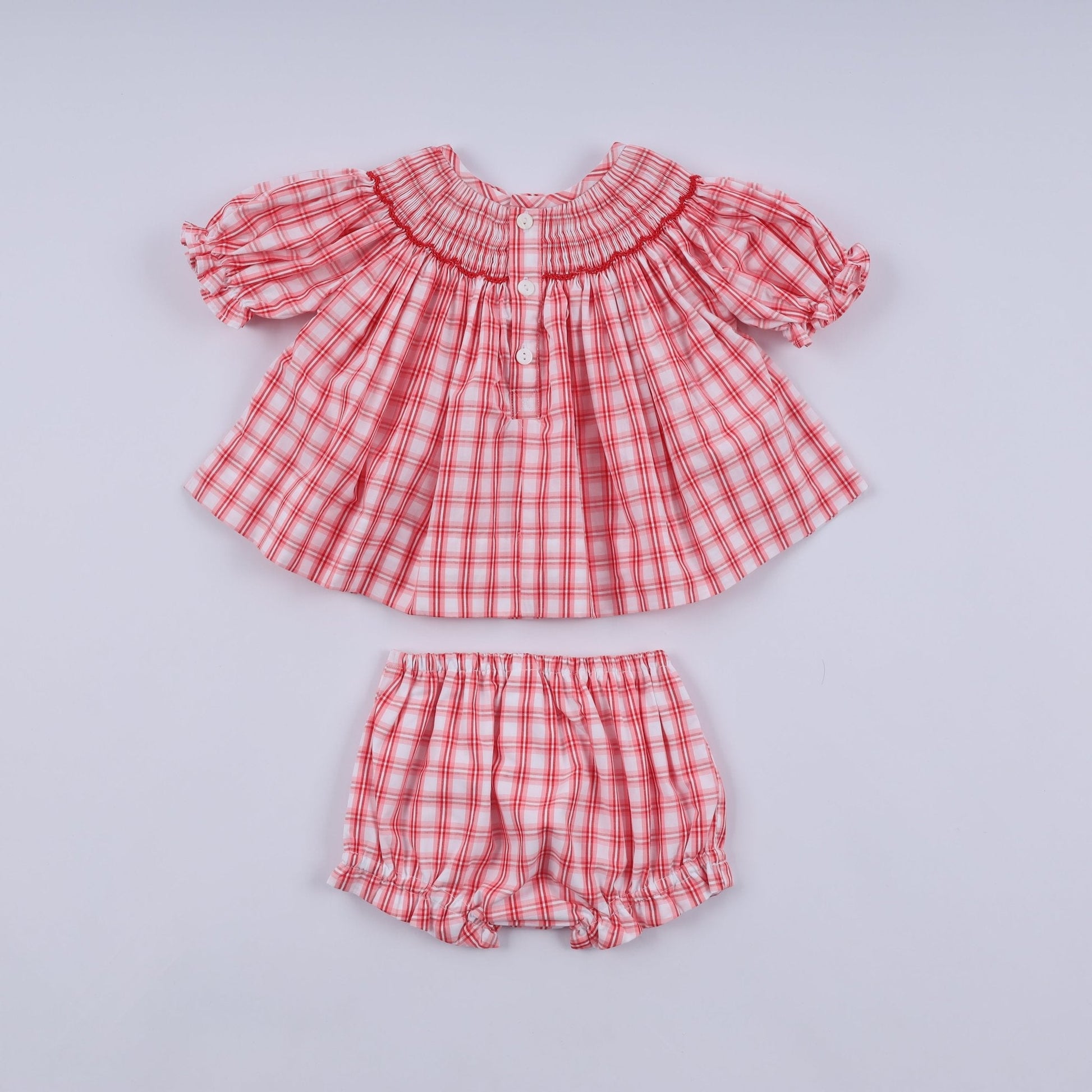 Red christmas santa claus hand smocked plaid bloomer set - Abbies Place