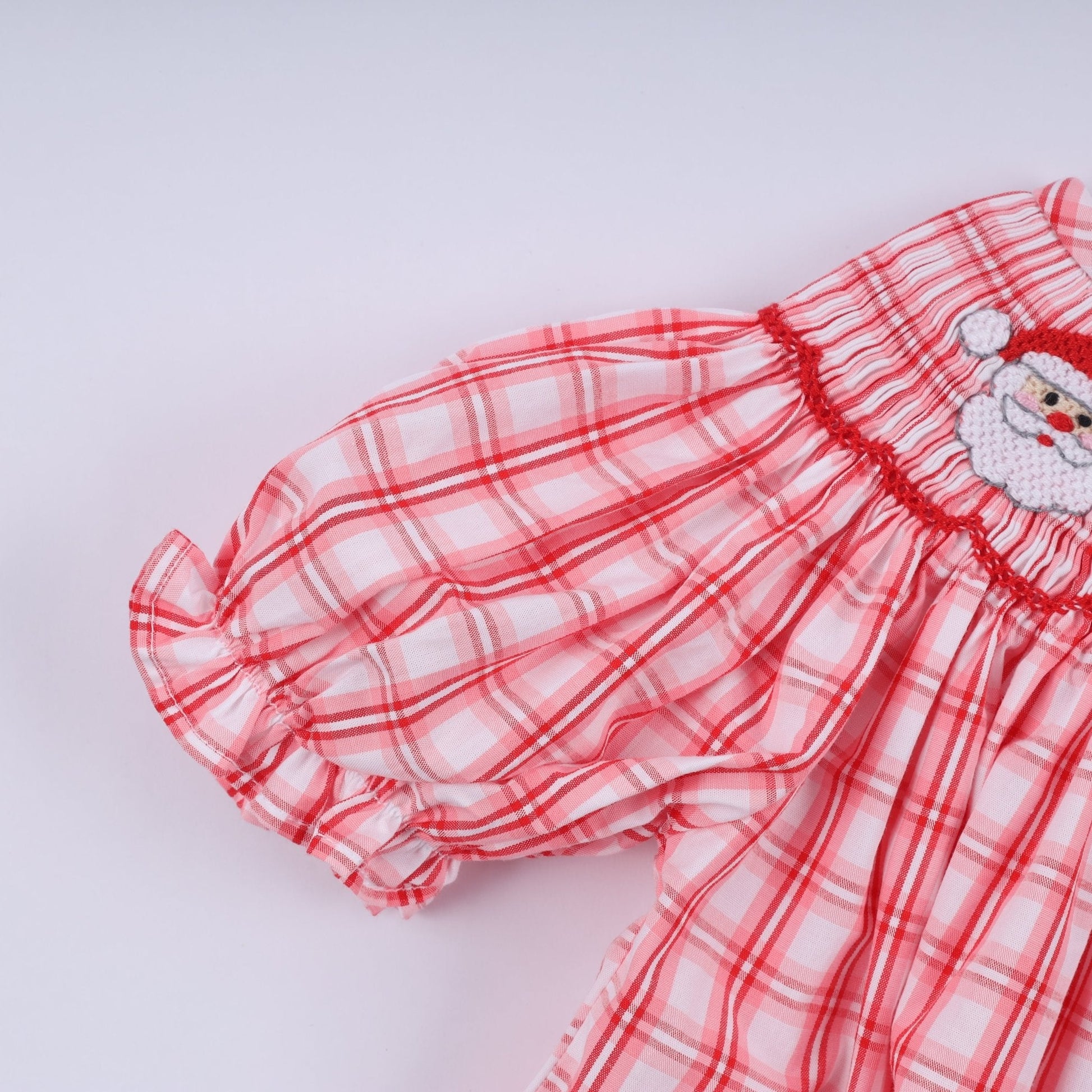 Red christmas santa claus hand smocked plaid bloomer set - Abbies Place