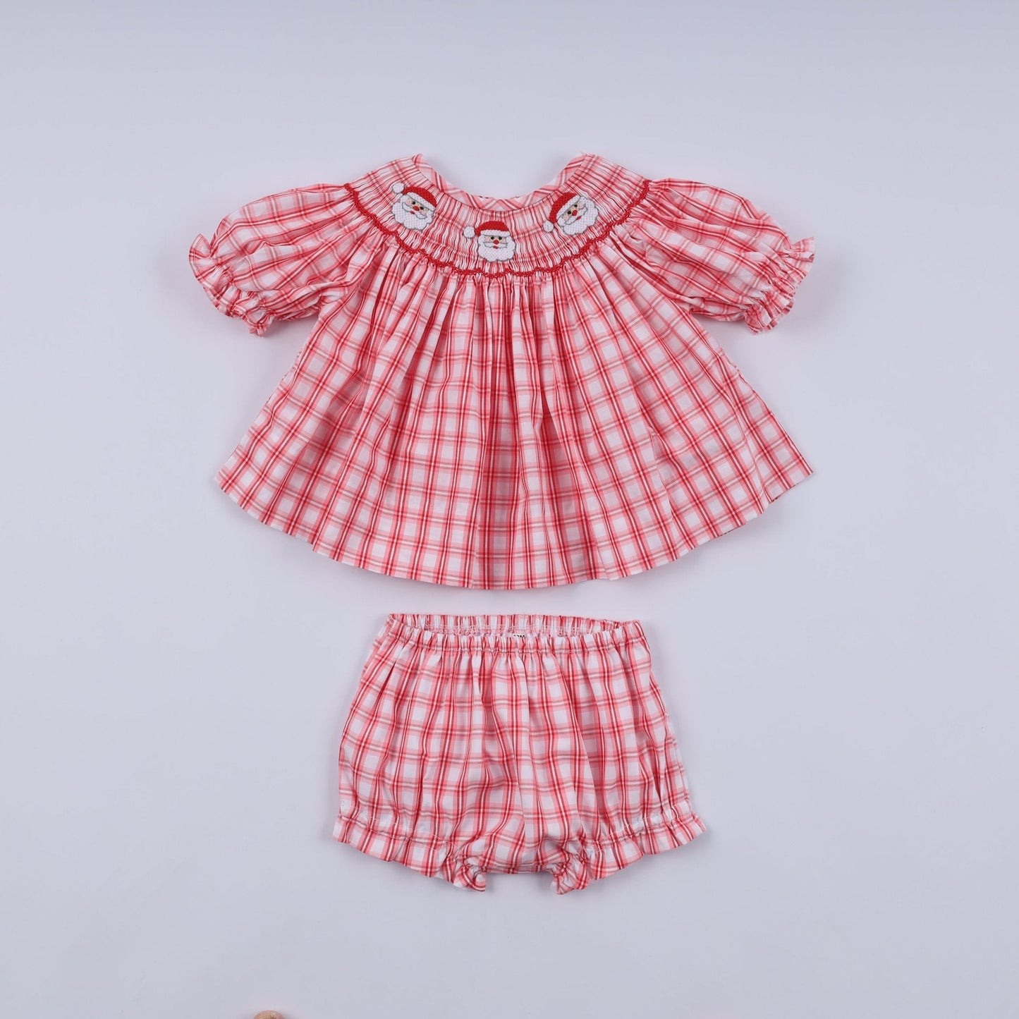Red christmas santa claus hand smocked plaid bloomer set - Abbies Place