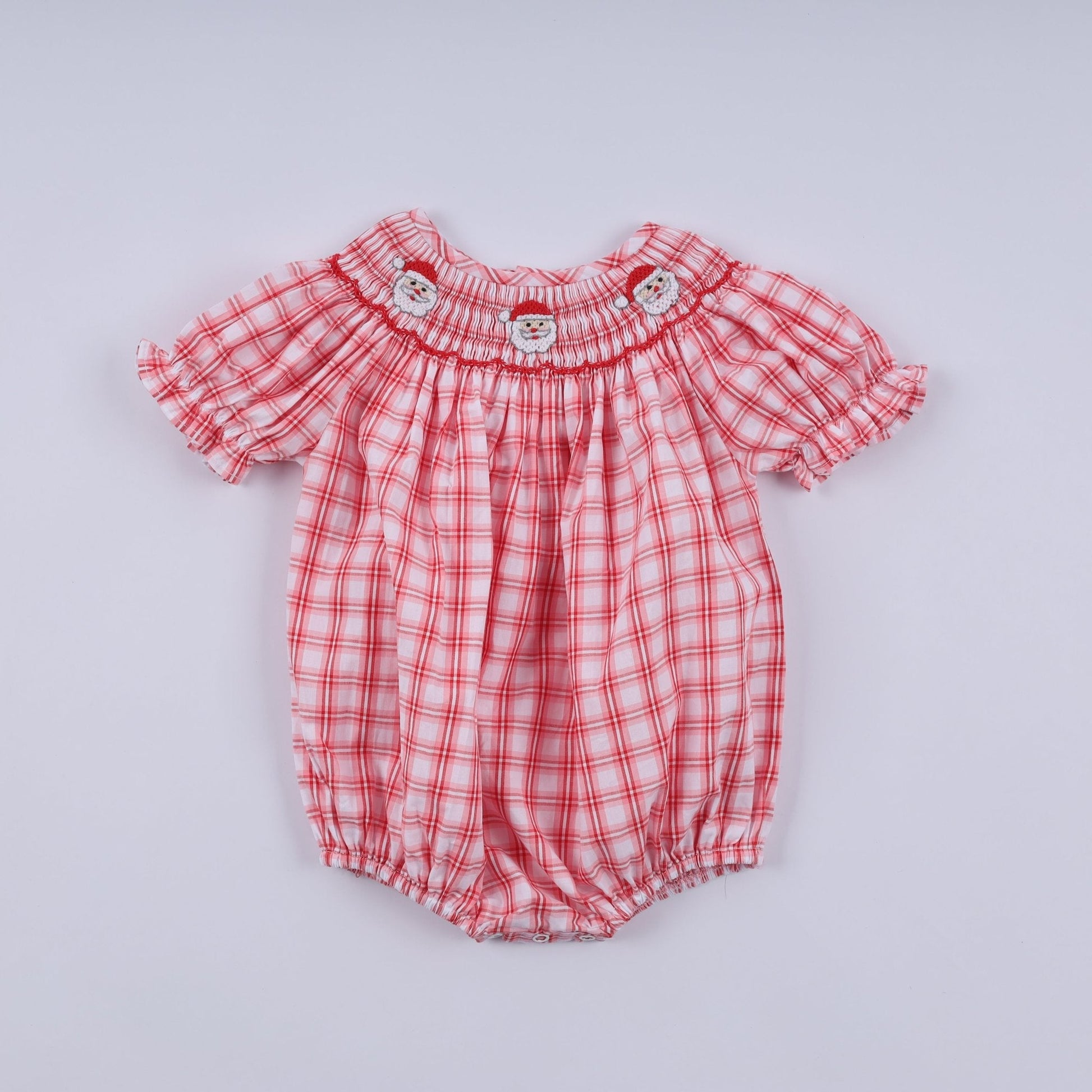 Red christmas santa claus hand smocked plaid bubble - Abbies Place