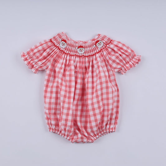 Red christmas santa claus hand smocked plaid bubble - Abbies Place