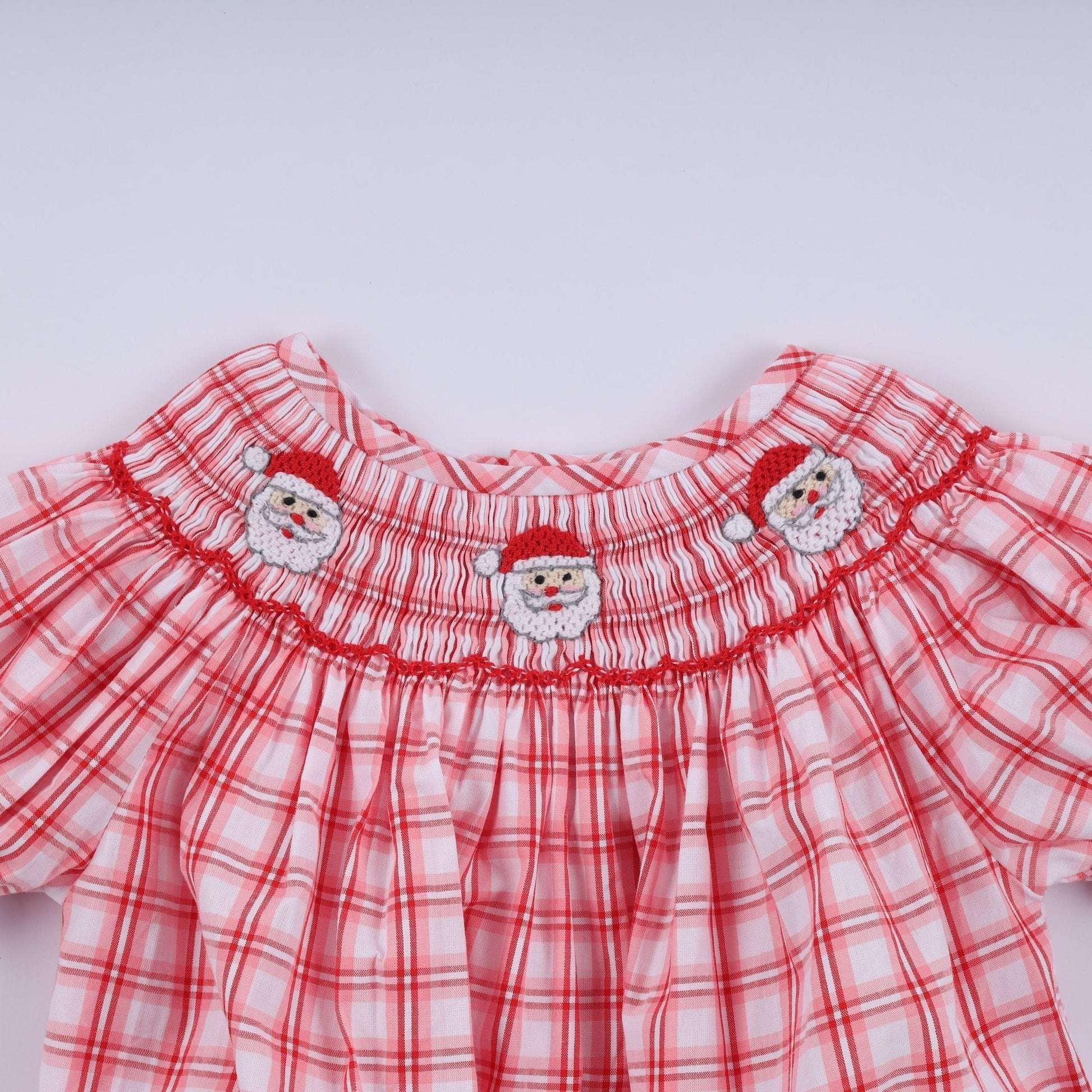 Red christmas santa claus hand smocked plaid bubble - Abbies Place