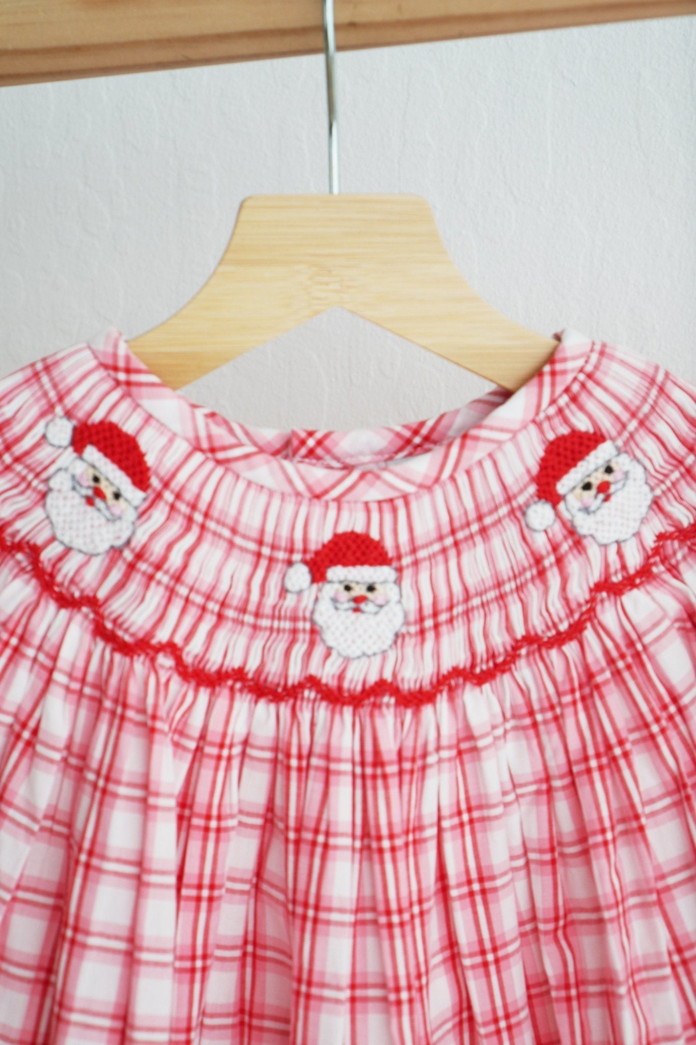 Red christmas santa claus hand smocked plaid dress - Abbies Place