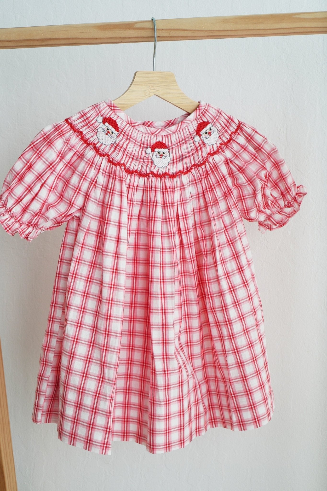 Red christmas santa claus hand smocked plaid dress - Abbies Place
