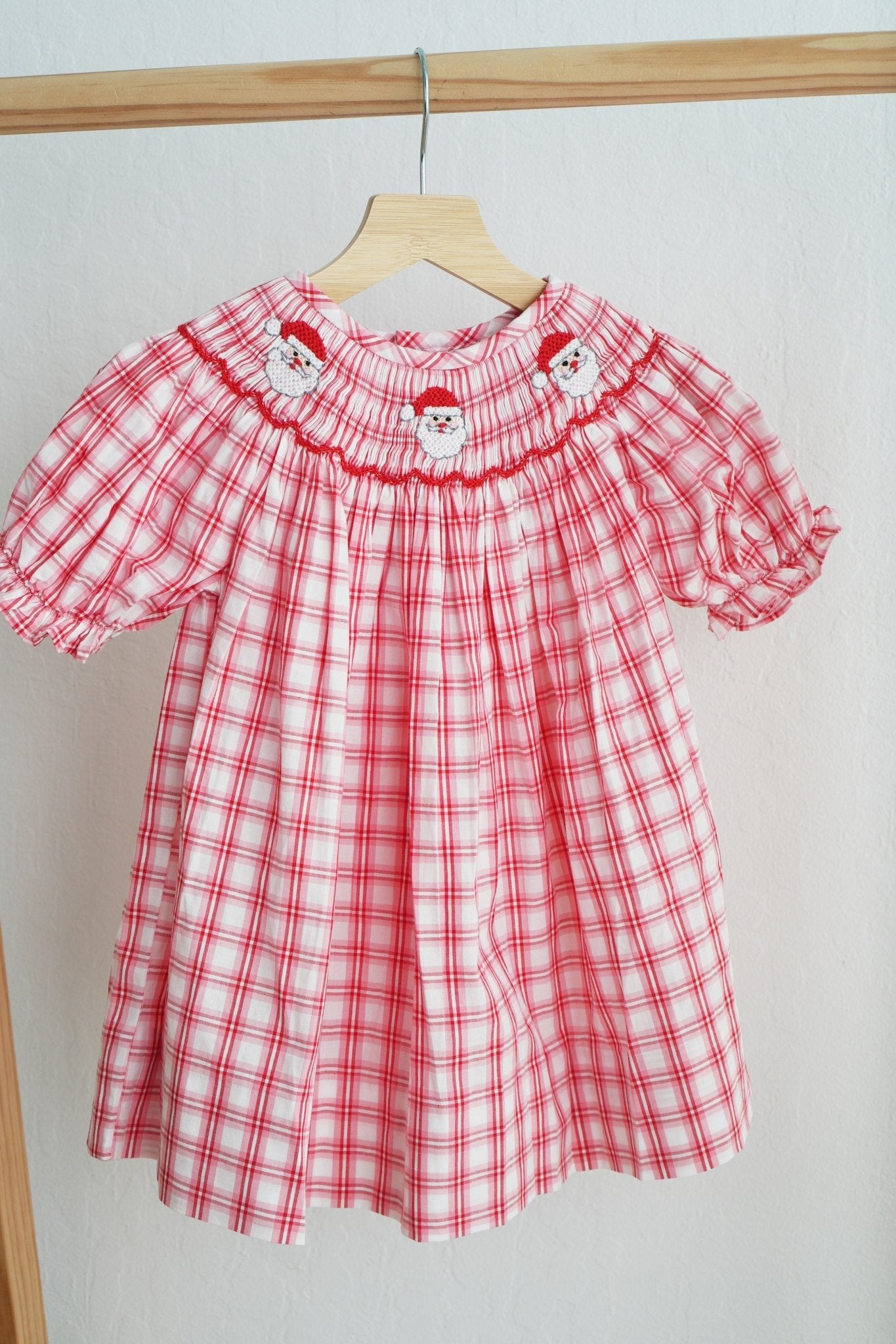 Red christmas santa claus hand smocked plaid dress - Abbies Place