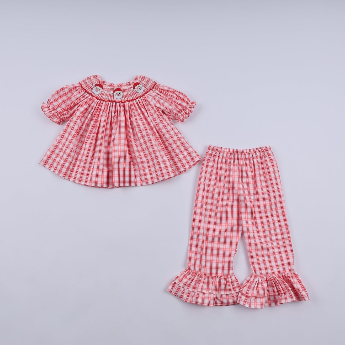 Red christmas santa claus hand smocked plaid ruffle pants set - Abbies Place