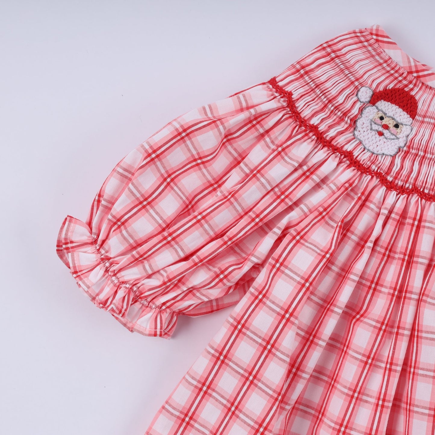 Red christmas santa claus hand smocked plaid ruffle pants set - Abbies Place