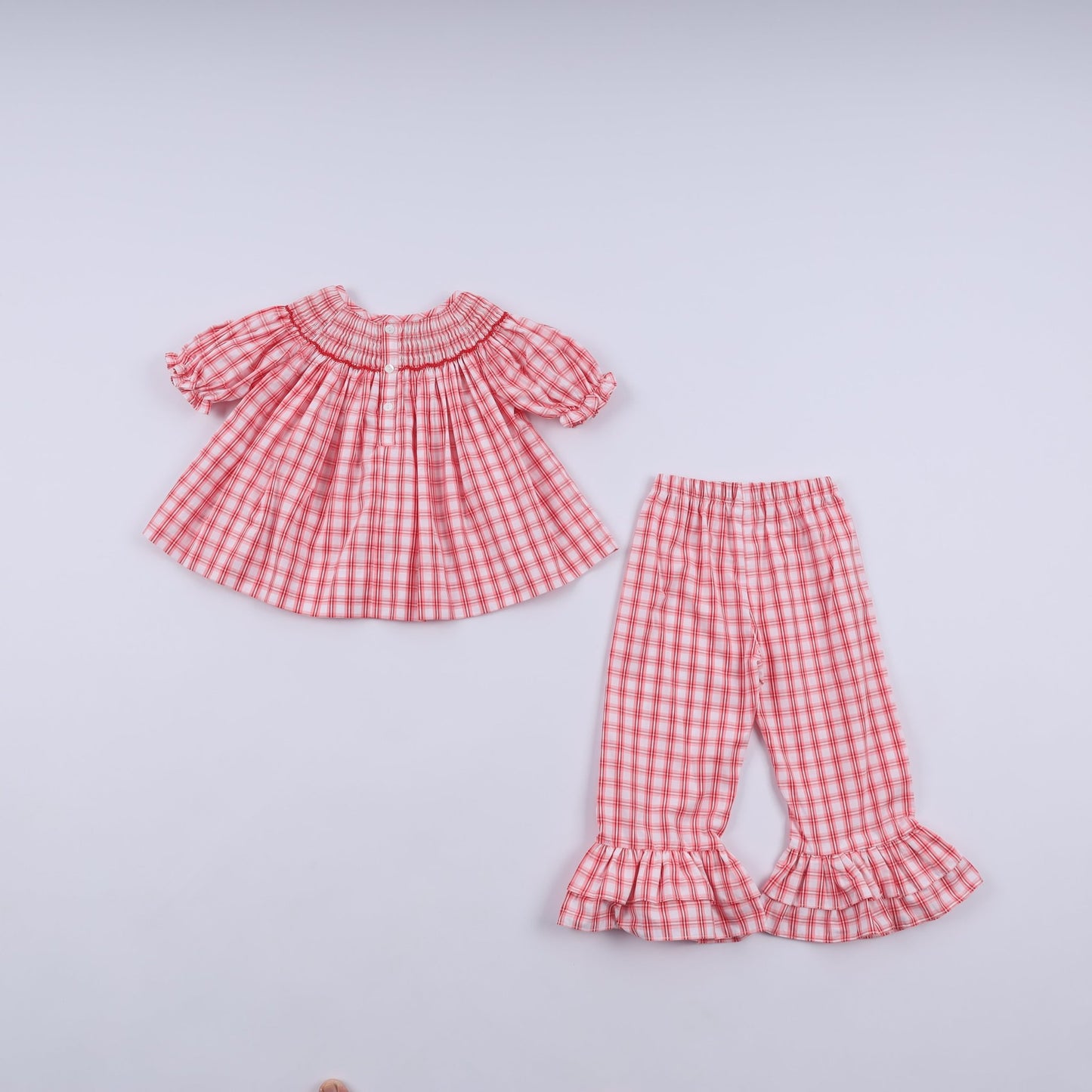 Red christmas santa claus hand smocked plaid ruffle pants set - Abbies Place