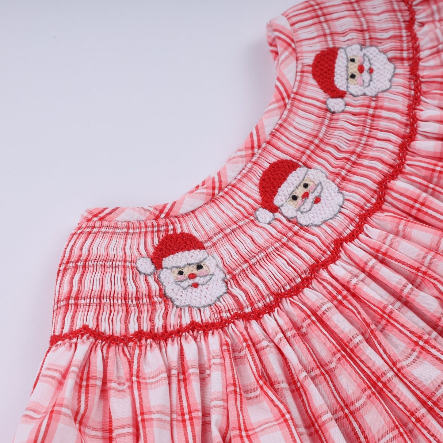 Red christmas santa claus hand smocked plaid ruffle pants set - Abbies Place