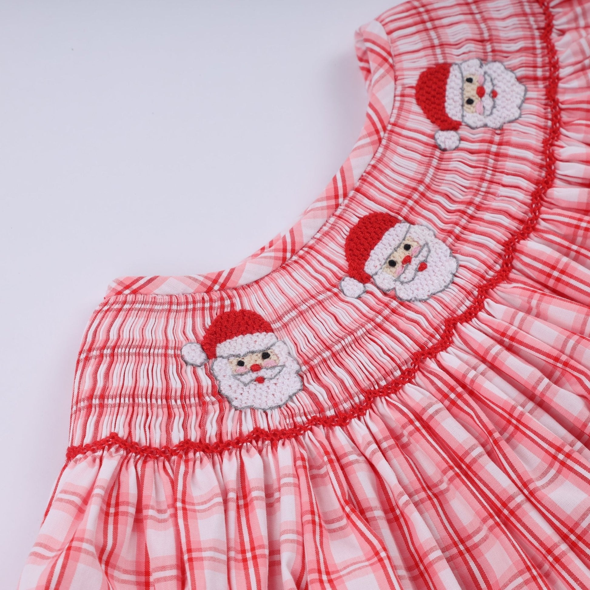 Red christmas santa claus hand smocked plaid ruffle pants set - Abbies Place