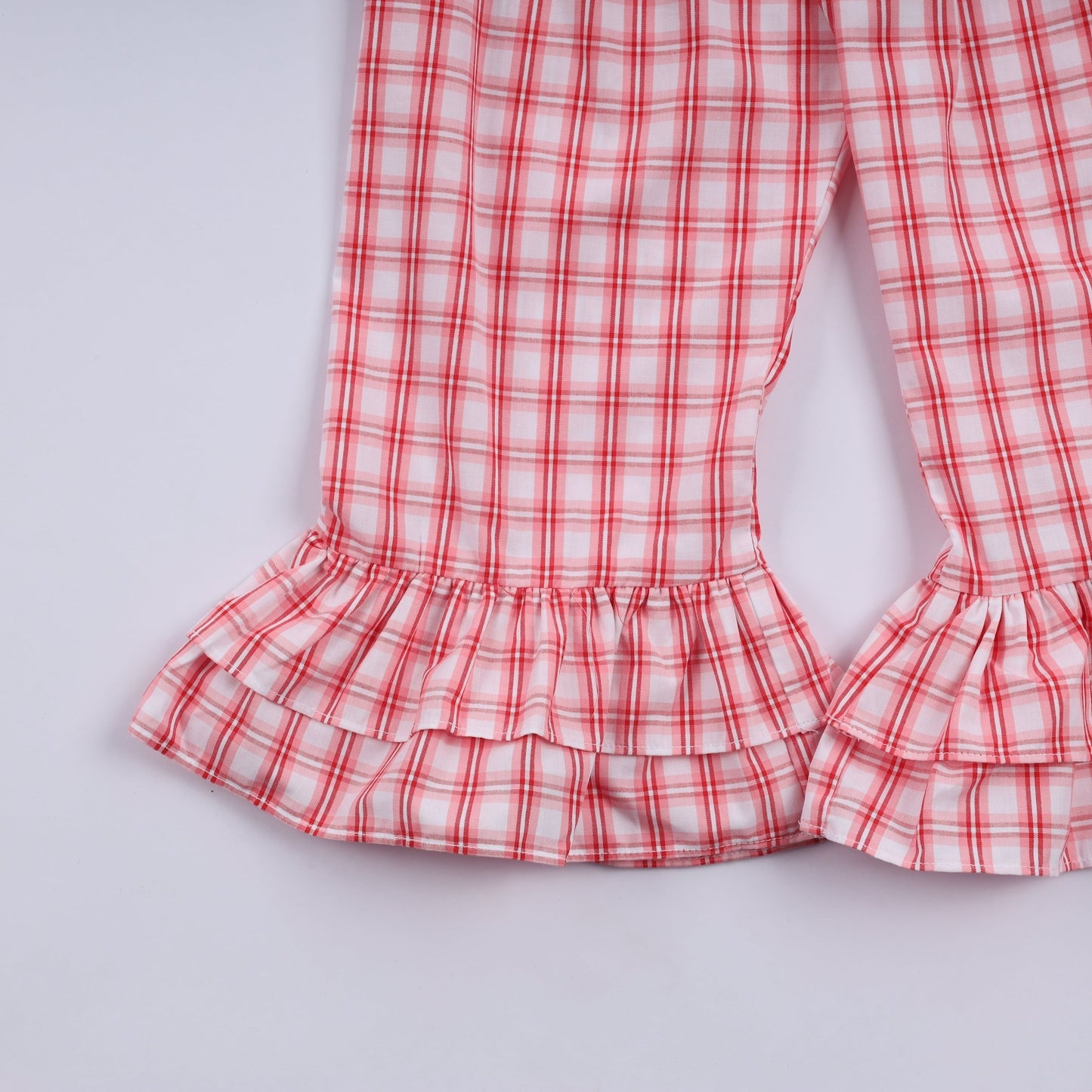 Red christmas santa claus hand smocked plaid ruffle pants set - Abbies Place