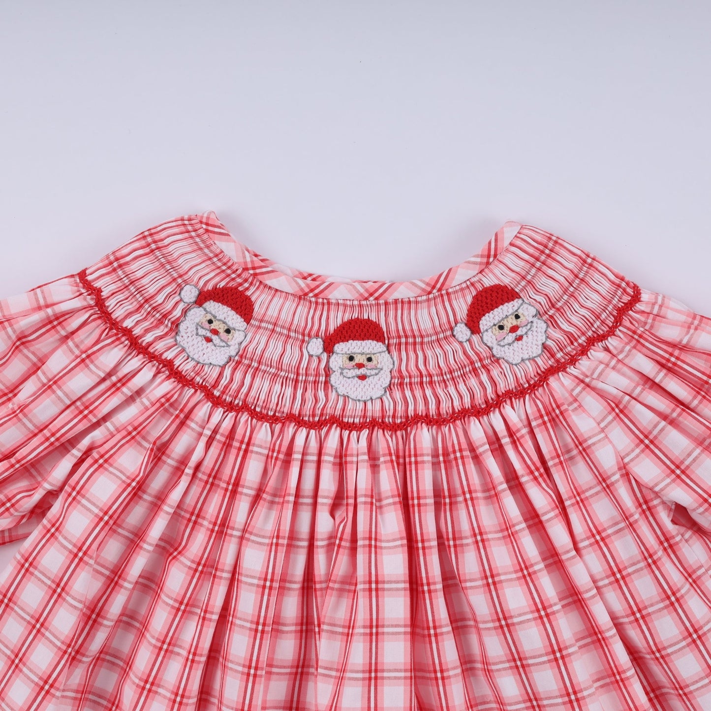 Red christmas santa claus hand smocked plaid ruffle pants set - Abbies Place
