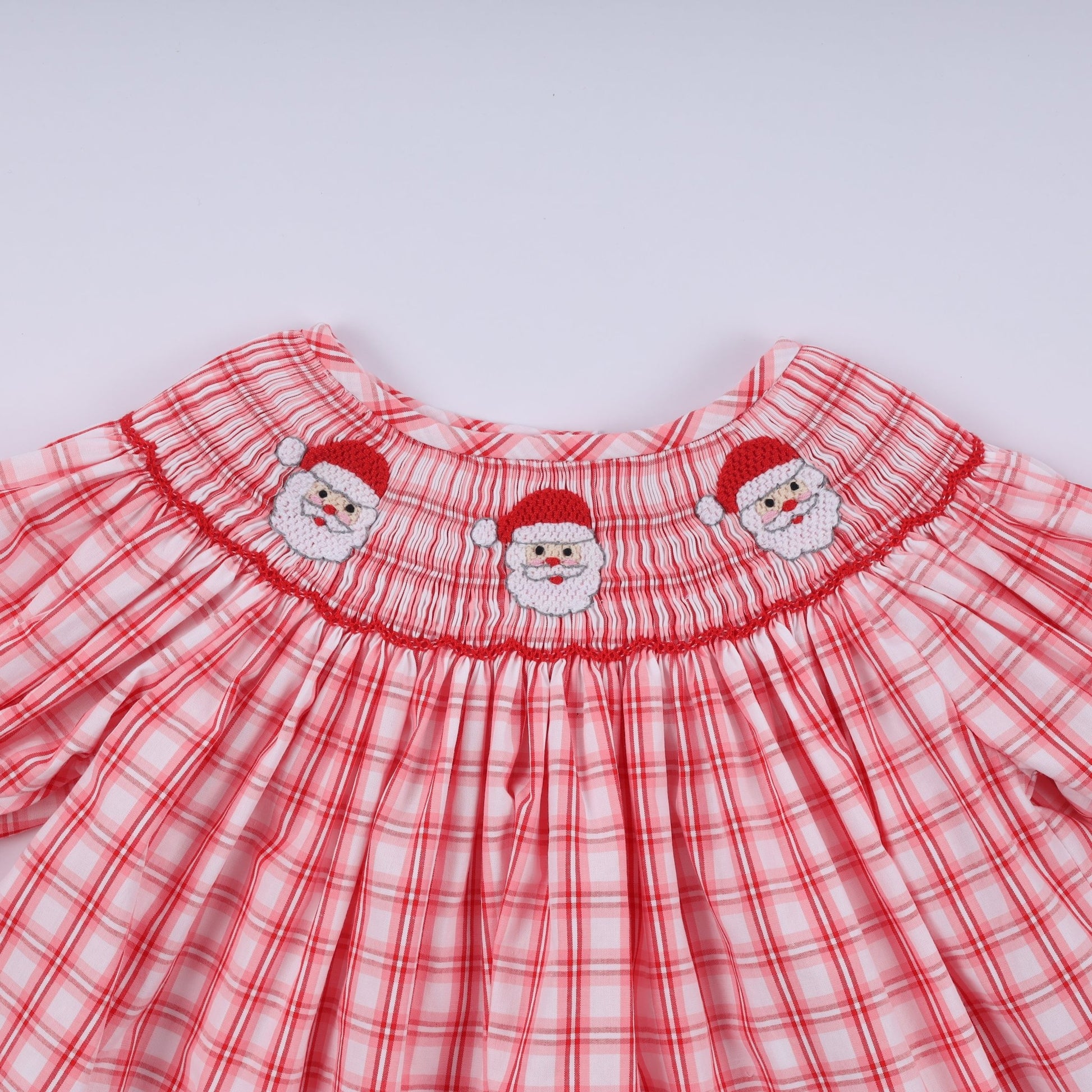 Red christmas santa claus hand smocked plaid ruffle pants set - Abbies Place