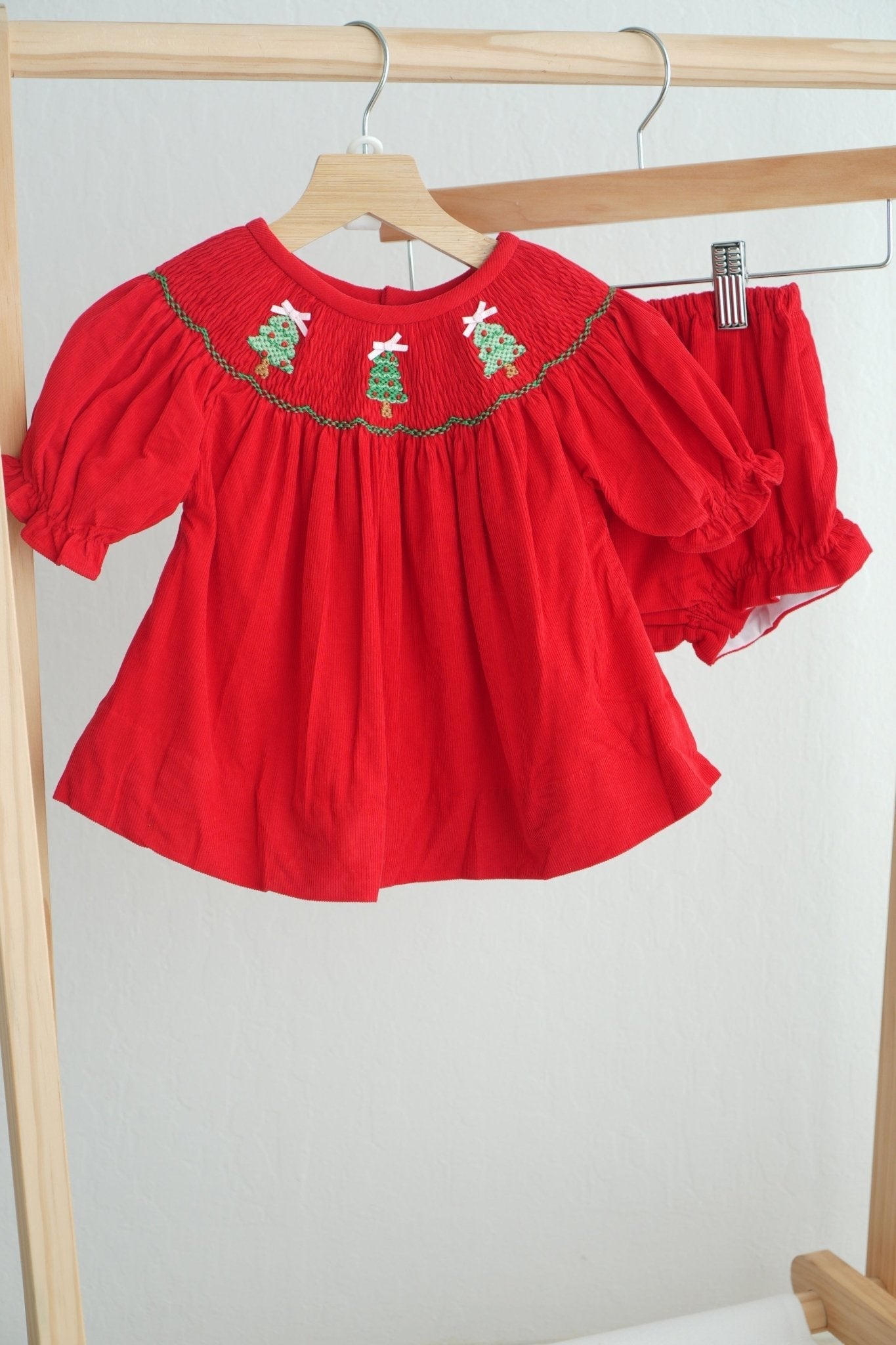 Red christmas tree hand smocked bloomer set - Abbies Place
