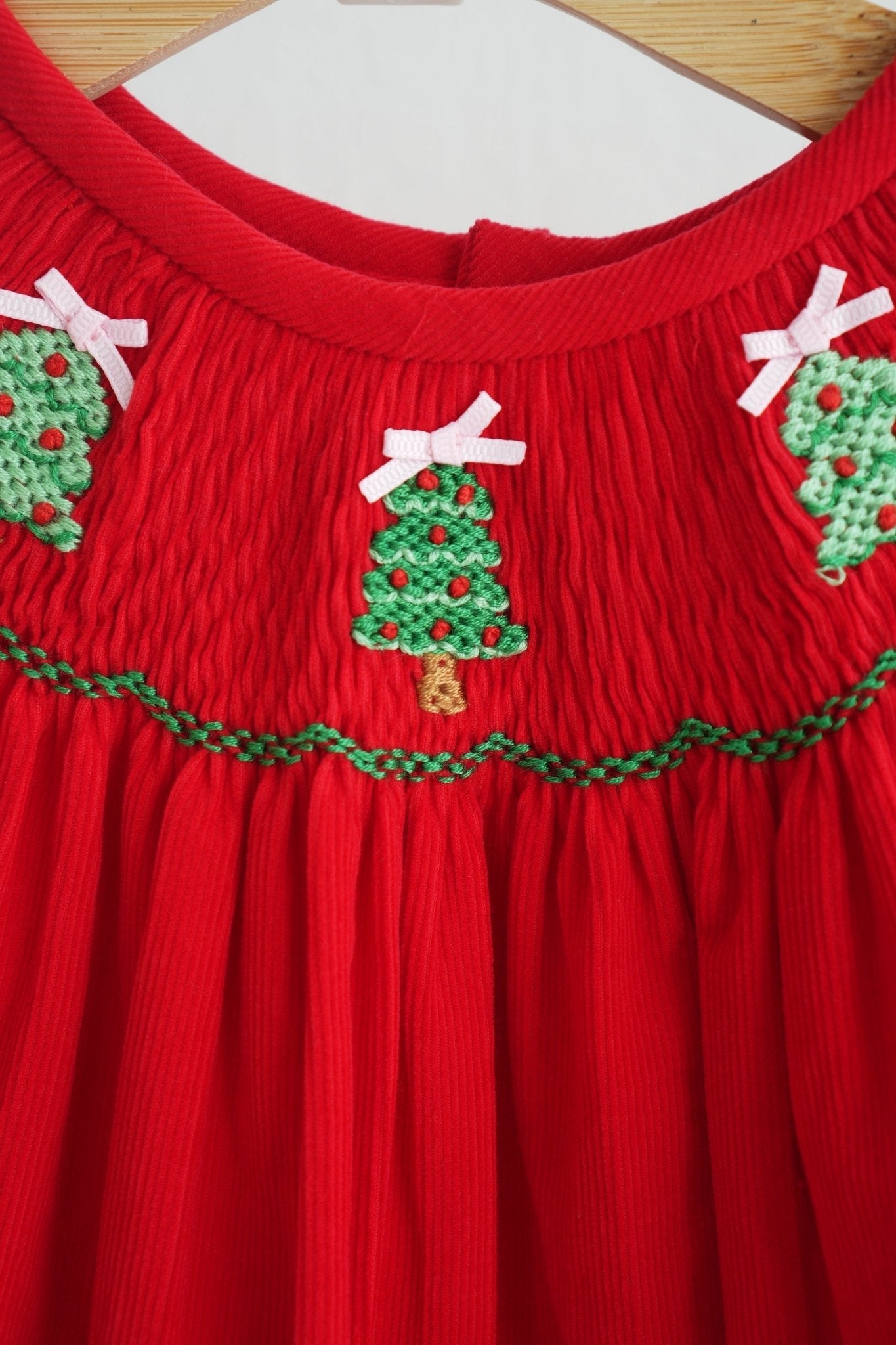 Red christmas tree hand smocked bloomer set - Abbies Place