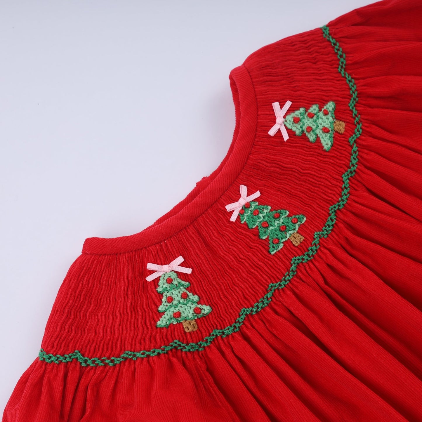 Red christmas tree hand smocked dress - Abbies Place