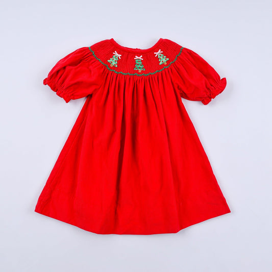Red christmas tree hand smocked dress - Abbies Place