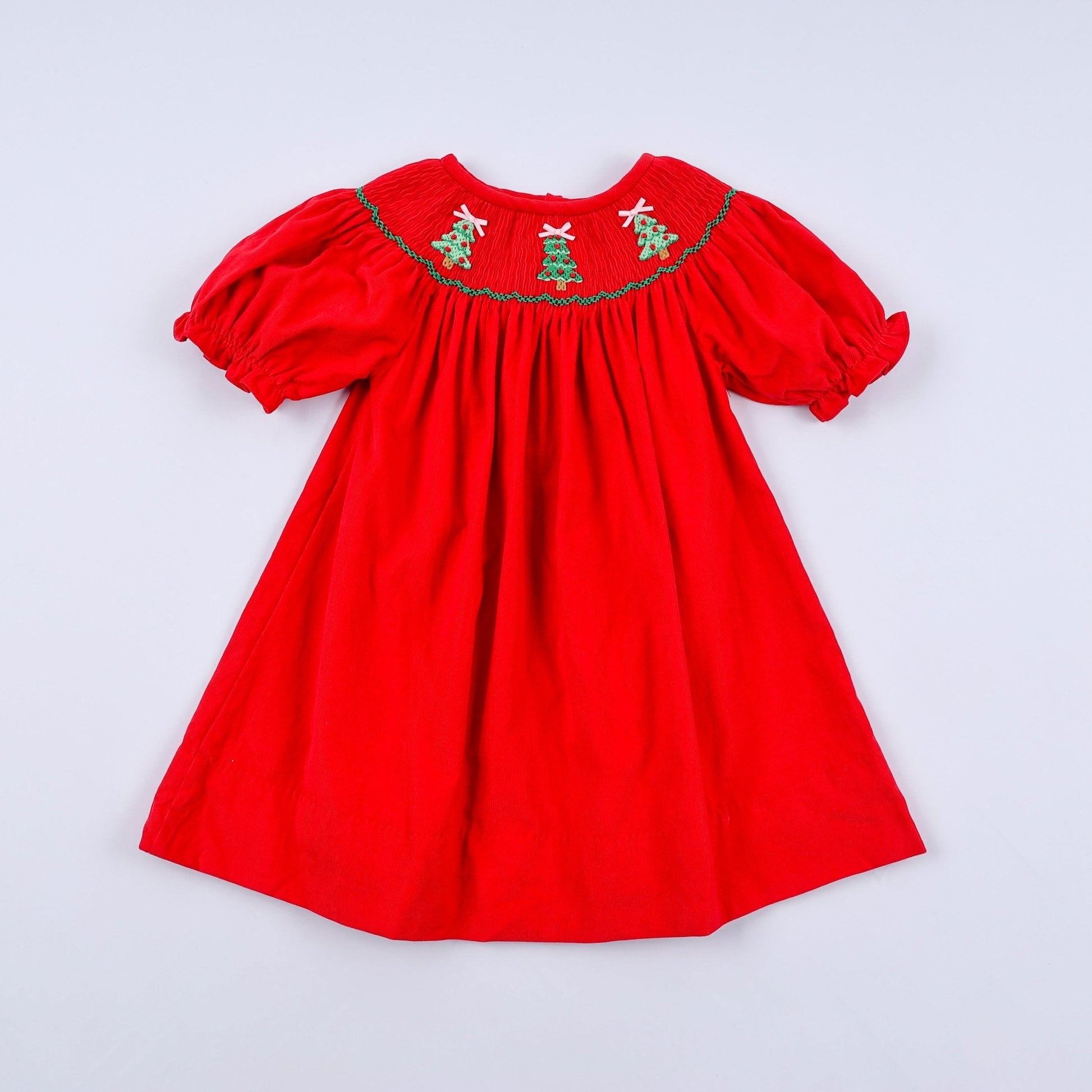 Red christmas tree hand smocked dress - Abbies Place