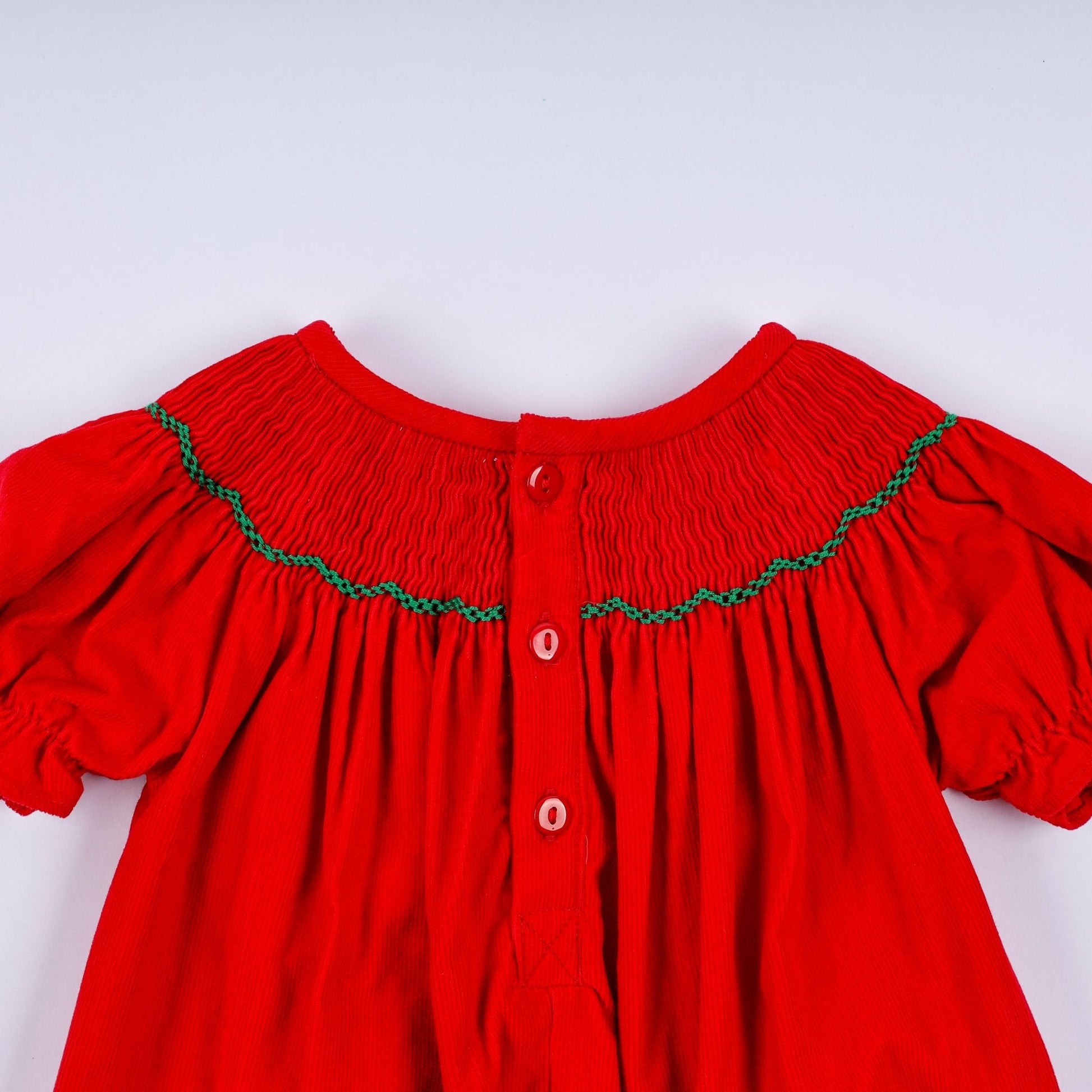 Red christmas tree hand smocked romper - Abbies Place
