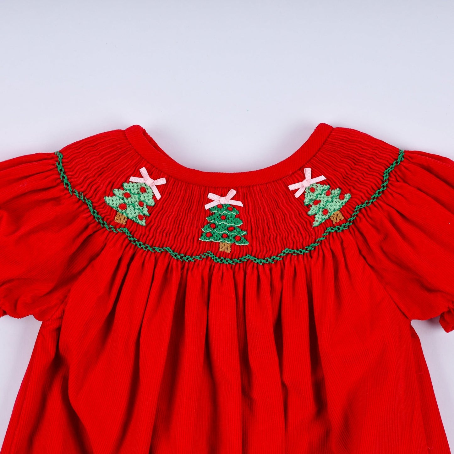 Red christmas tree hand smocked romper - Abbies Place