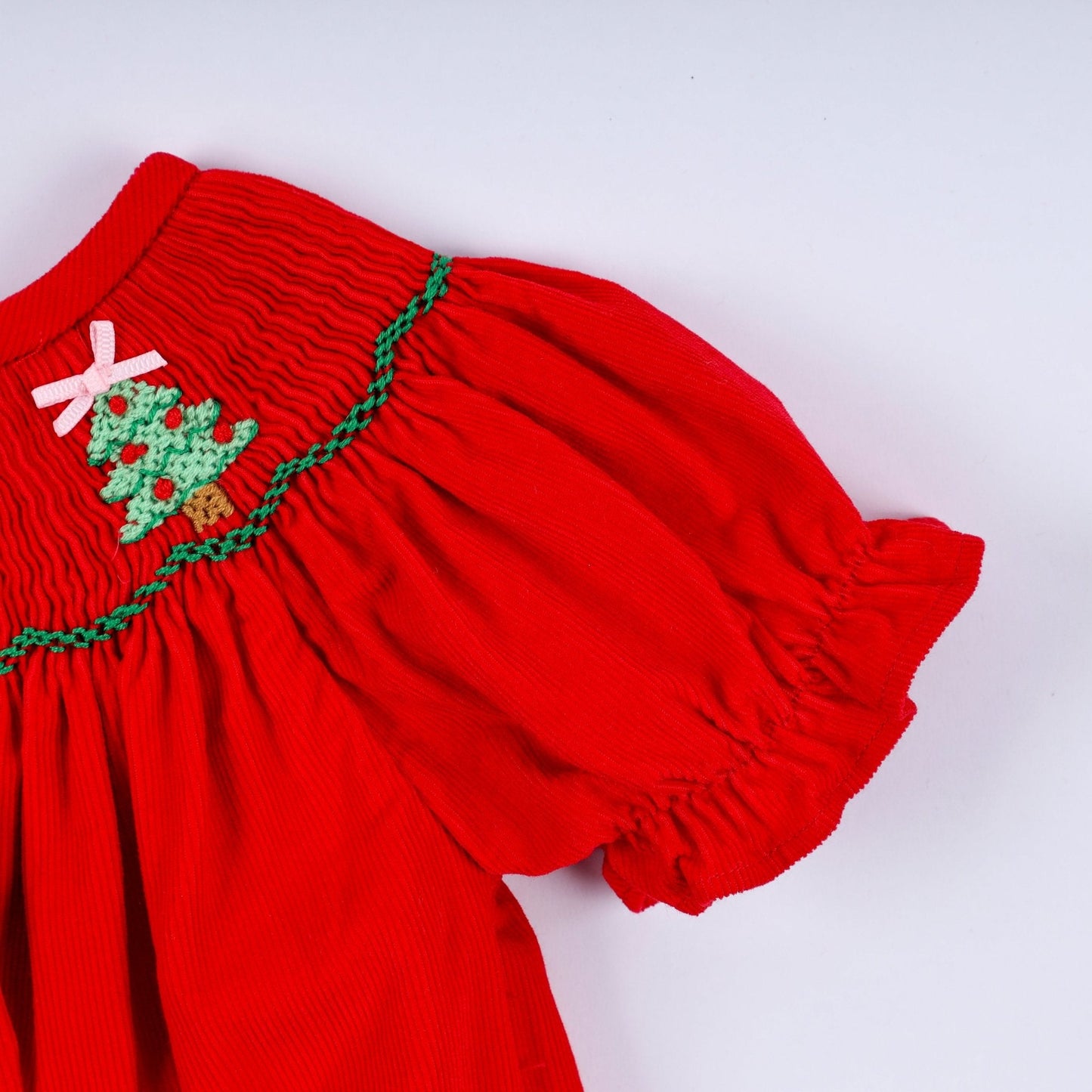 Red christmas tree hand smocked romper - Abbies Place