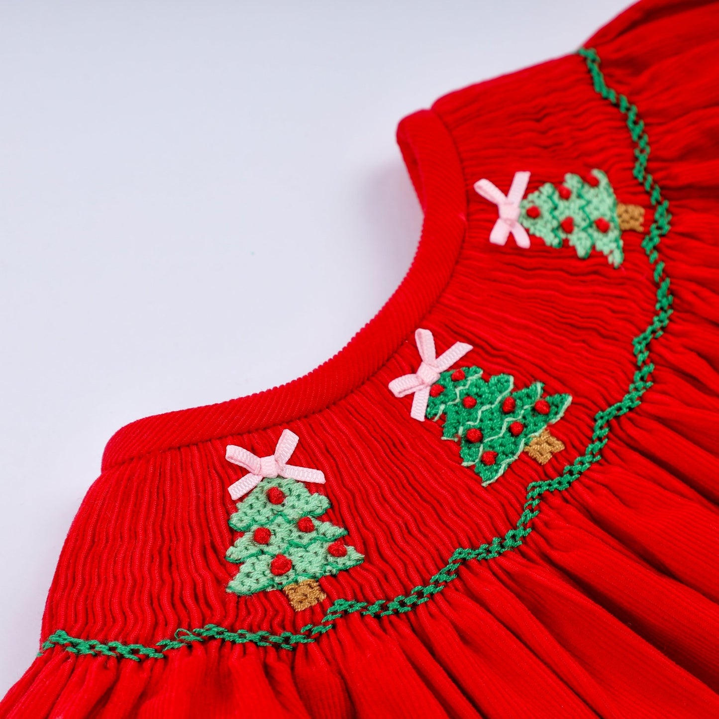 Red christmas tree hand smocked romper - Abbies Place