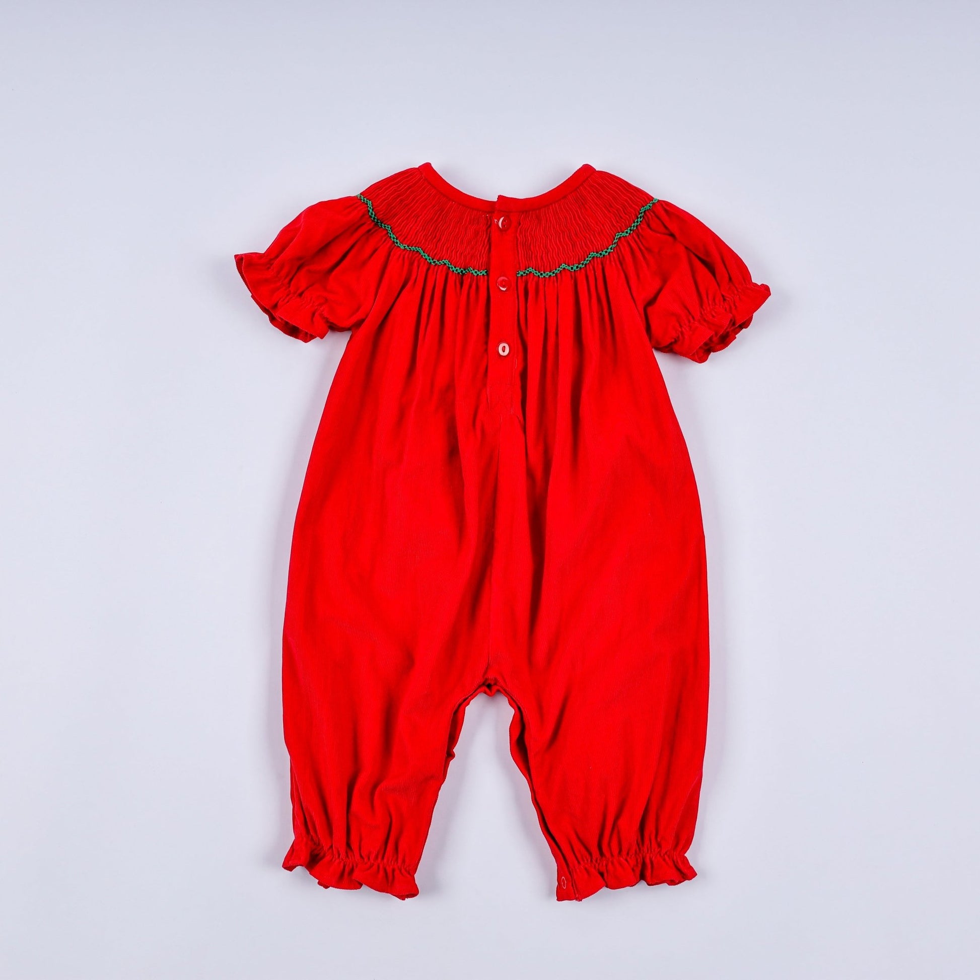 Red christmas tree hand smocked romper - Abbies Place