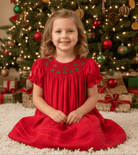 Load image into Gallery viewer, Red Corduroy Mistletoe Smocked Bishop Dress
