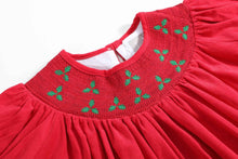 Load image into Gallery viewer, Red Corduroy Mistletoe Smocked Bishop Dress

