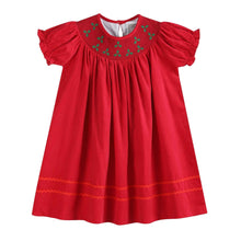 Load image into Gallery viewer, Red Corduroy Mistletoe Smocked Bishop Dress

