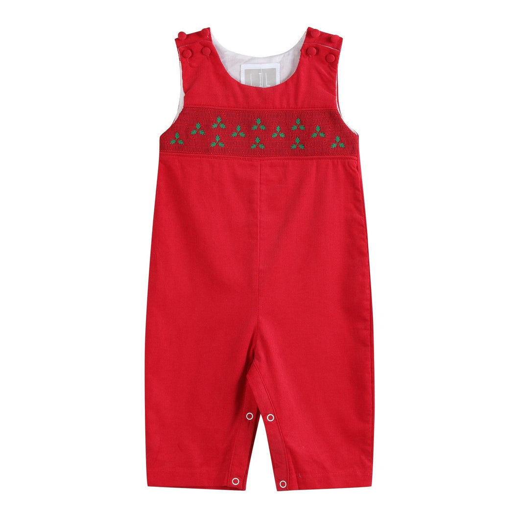 Red Corduroy Mistletoe Smocked Overalls