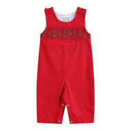 Red Corduroy Mistletoe Smocked Overalls