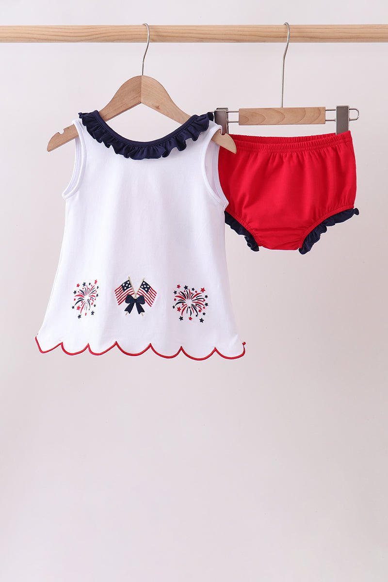 Red flag fireworks embroidery ruffle bloomer set - Abbies Place