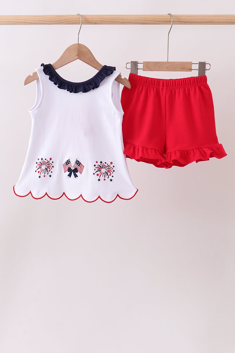 Red flag fireworks embroidery ruffle shorts set - Abbies Place