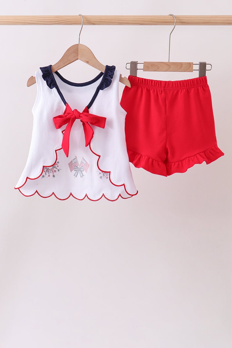 Red flag fireworks embroidery ruffle shorts set - Abbies Place