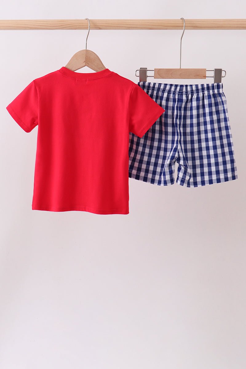Red flag fireworks embroidery shorts set - Abbies Place