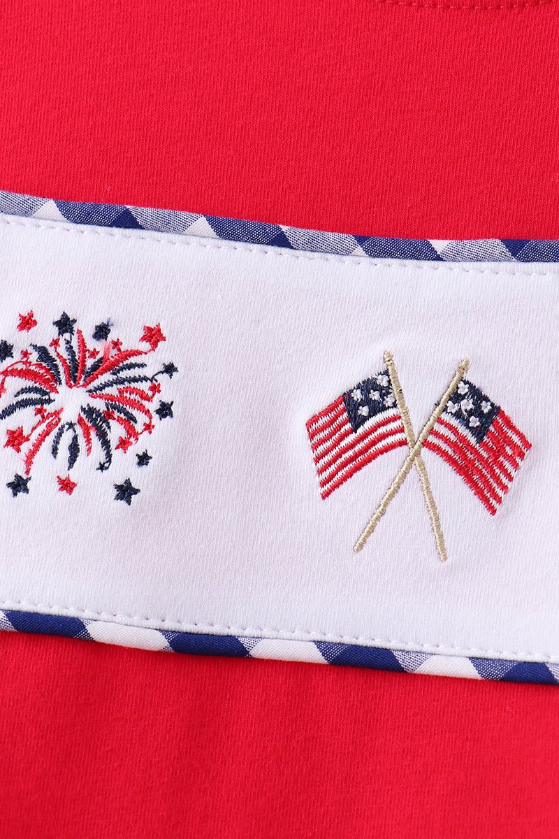 Red flag fireworks embroidery shorts set - Abbies Place