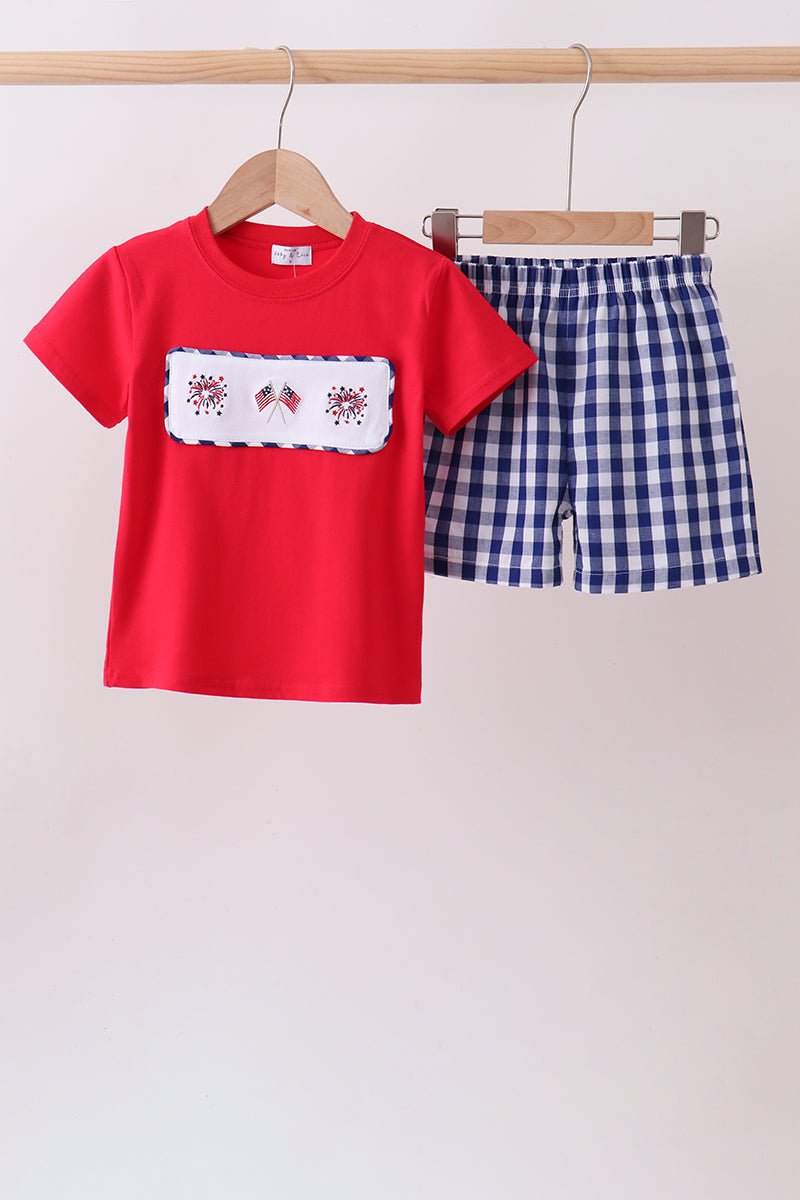 Red flag fireworks embroidery shorts set - Abbies Place