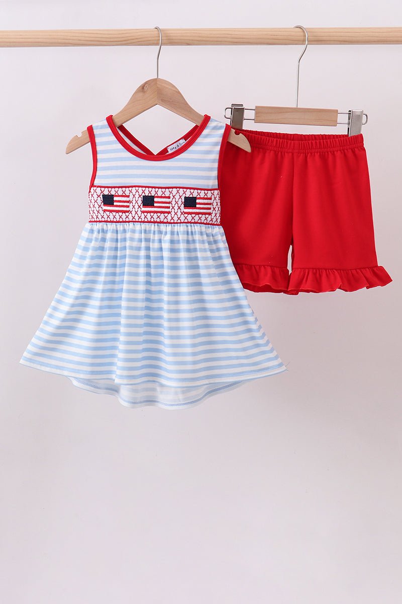 Red flag smocked stripe ruffle shorts set - Abbies Place