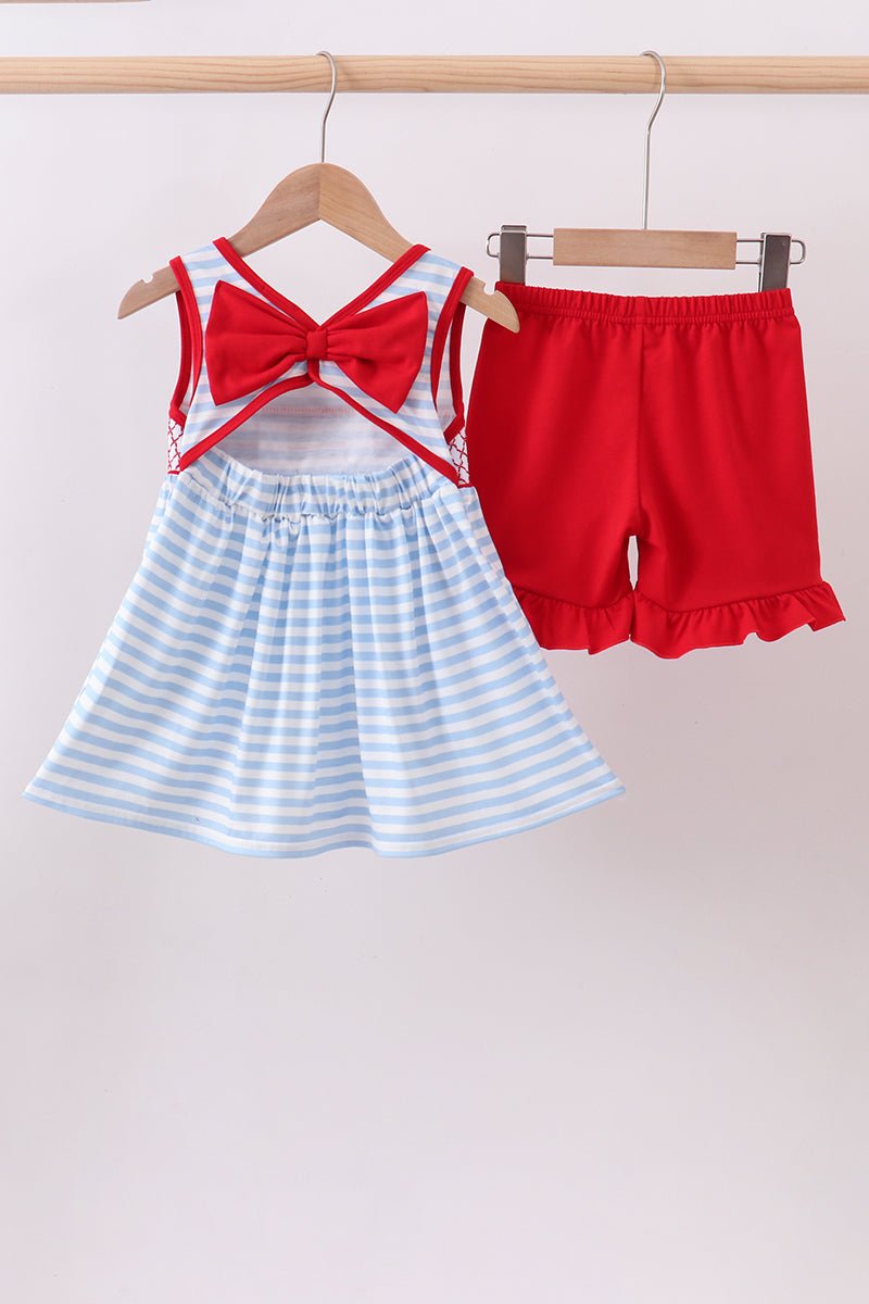 Red flag smocked stripe ruffle shorts set - Abbies Place