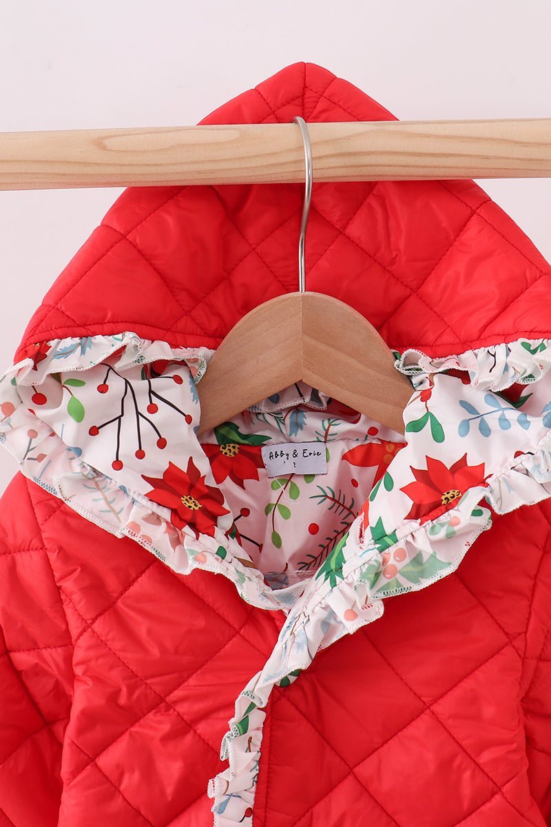 Red floral print ruffle quilted jacket - Abbies Place
